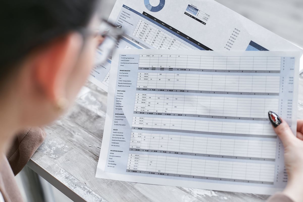 Financial spreadsheet on a desk